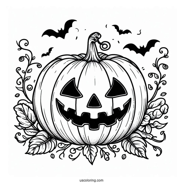 Pumpkin Coloring Page Of Spooky Jack O Lantern With Vines And Bats