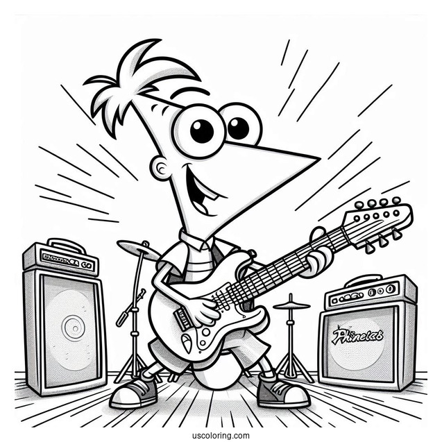 Phineas And Ferb Coloring Page On Stage Playing Electric Guitar