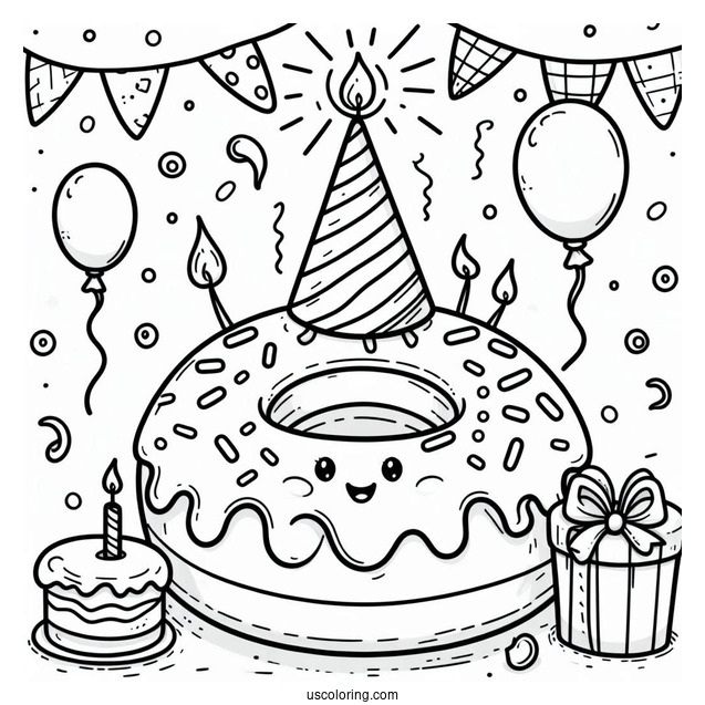 Donut Coloring Page Wearing A Birthday Hat In A Party