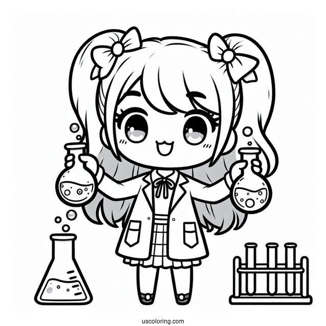 Science Coloring Page Of Kawaii Female Scientists Holding Volumetric Flasks