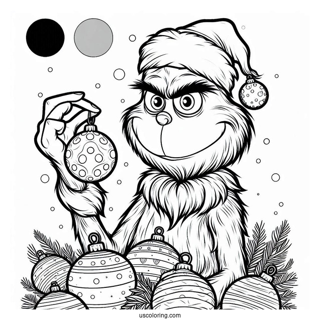 Grinch Holding Bauble Christmas Ornaments Coloring Page For Kids