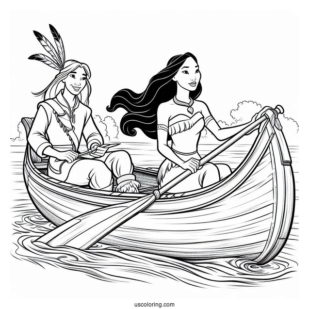 Coloring Sheet Of Mulan And Pocahontas On Canoe