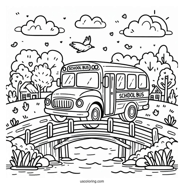Cute School Bus Coloring Page Crossing A Small Bridge