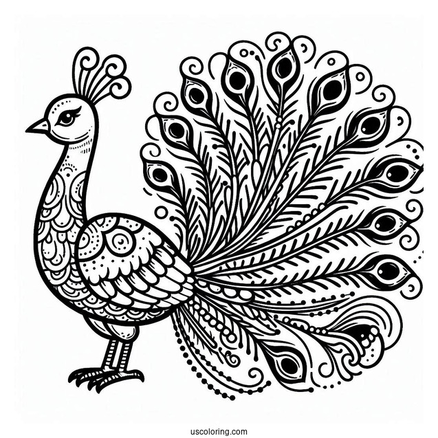 Cartoon Peacock Coloring Page Showing Off Fancy Tail Feathers For Kids