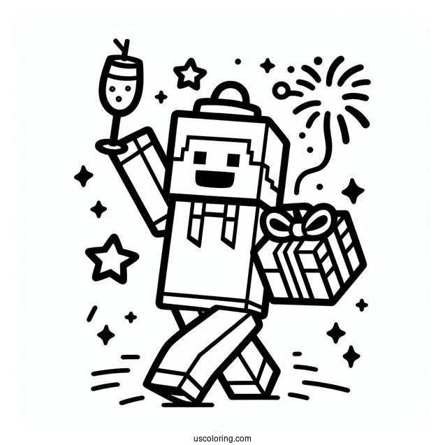 New Year Coloring Page Of Minecraft Steve Celebrating For Kids