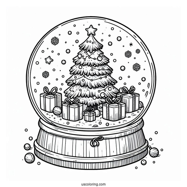 Christmas Tree With Presents Snow Globe Coloring Page