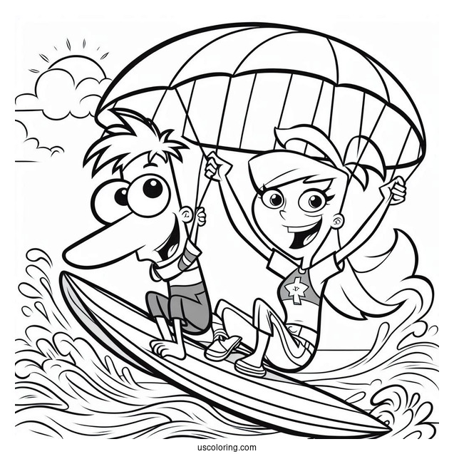 Phineas And Ferb Coloring Page And Candace Surfing With Perry The Platypus On A Parachute