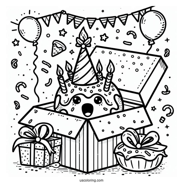 Birthday Donut Coloring Page Popping Out Of A Box