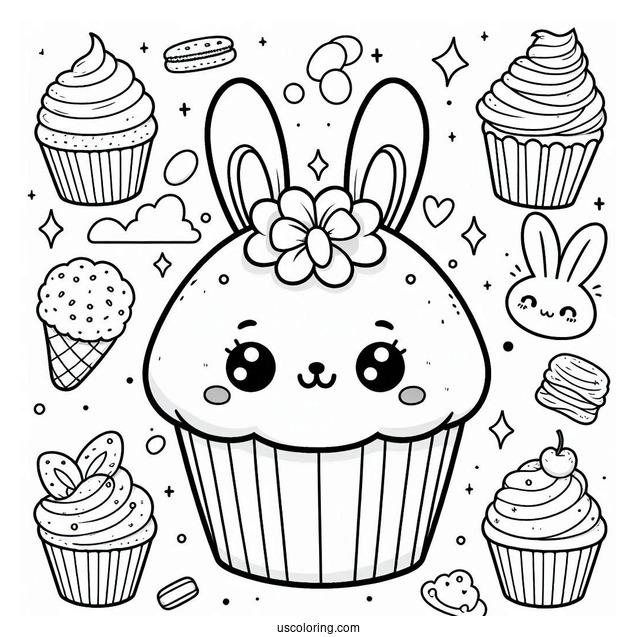 Cute Kawaii Cupcake With Bunny To Color
