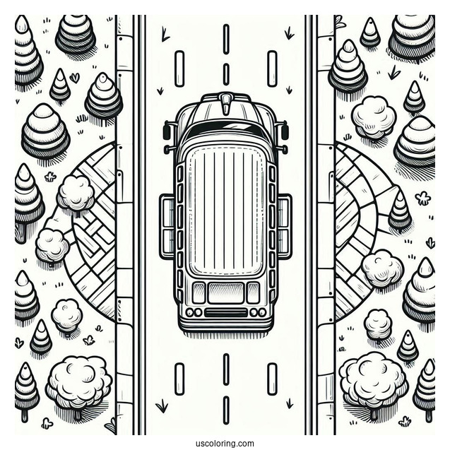 Top View Of Small School Bus Coloring Page On The Road