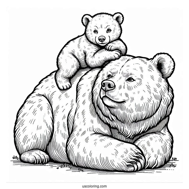 Bear Coloring Page Of Cub Lying On Top Of Mama Bear