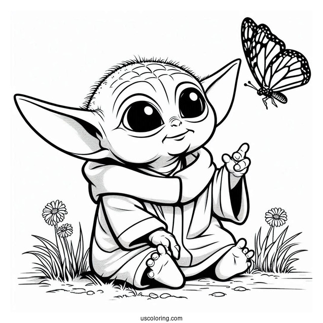 Loveable Baby Yoda Looking At Butterfly