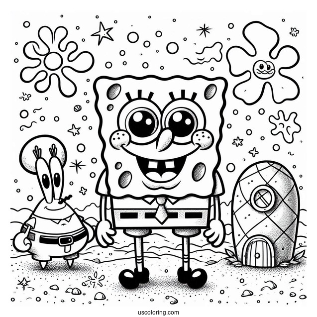 SpongeBob With Patrik, Squidward And Sandy To Color