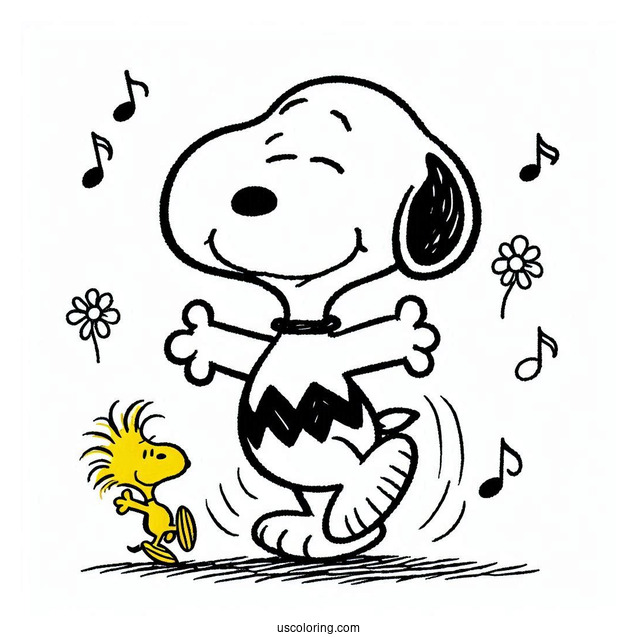 Dancing Snoopy With Woodstock To Color