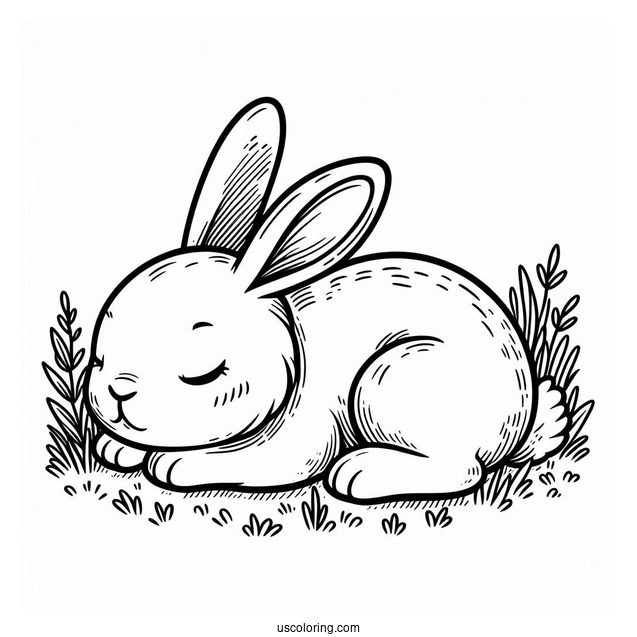 Adorable Rabbit Sleeping In Grass Patch