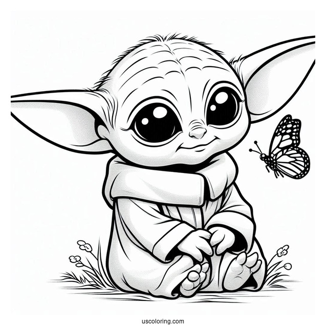 Loveable Baby Yoda Looking At Butterfly