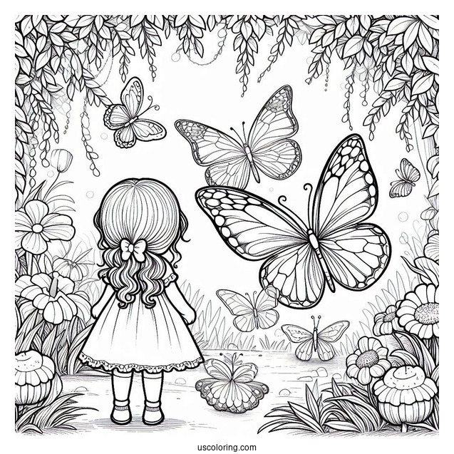 Large Butterflies In A Secret Garden With Little Girl