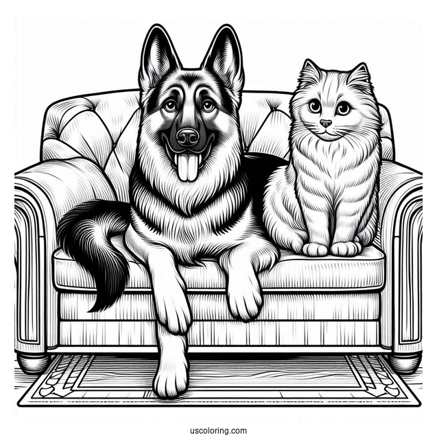 German Shepherd And Cat Sitting On Couch