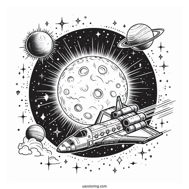 Spaceship Cruising Past The Sun Coloring Pages In Outer Space