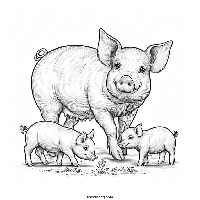 Realistic Mother Pig With Piglets To Color