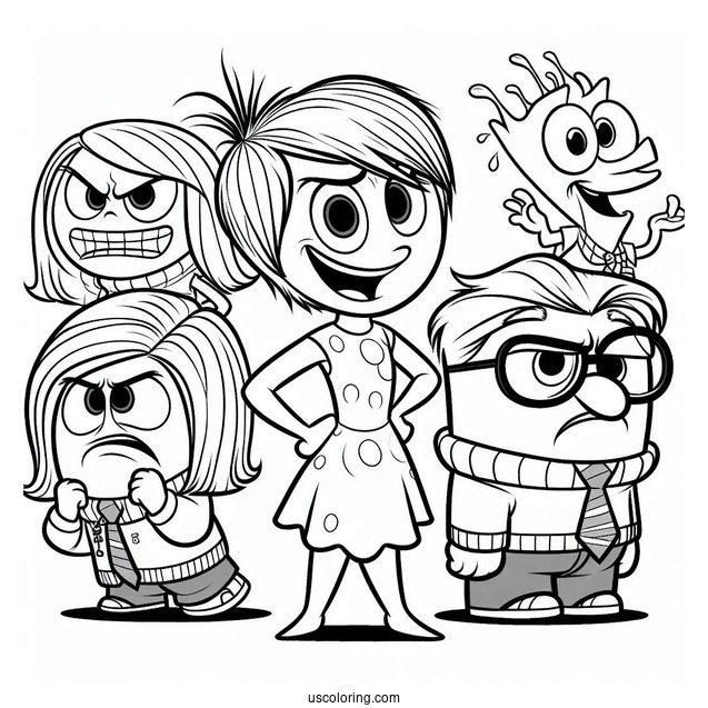 Pixar Coloring Page of Inside Out Joy, Anger, Fear, Sadness, Disgust