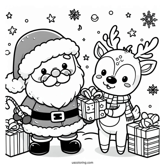 Cute Santa And Rudolph With Presents Coloring Page