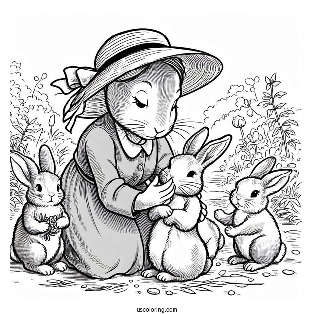 Josephine Rabbit Caring For Flopsy, Mopsy, Cotton Tail, And Peter Rabbit Coloring Page