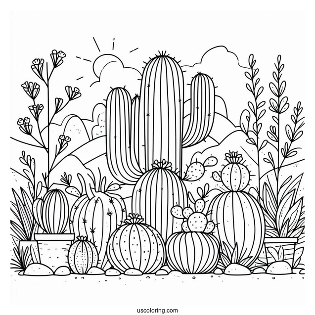 Simple Outline Of Cactus Plants In The Desert For Kids