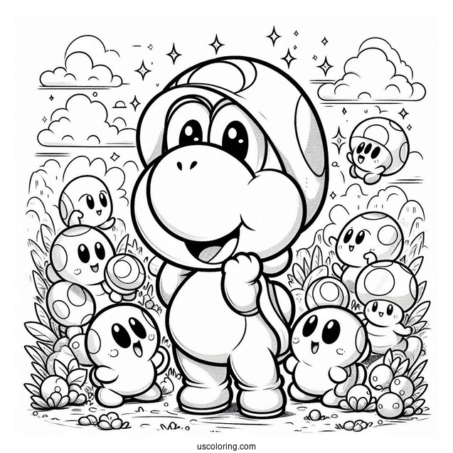 Yoshi And Shy Guy Coloring Page With Toads In The Background