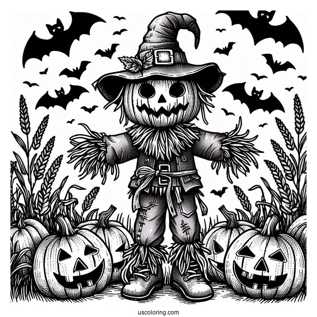 Scary Scarecrow Coloring Page Surrounded By Jack O Lanterns And Bats