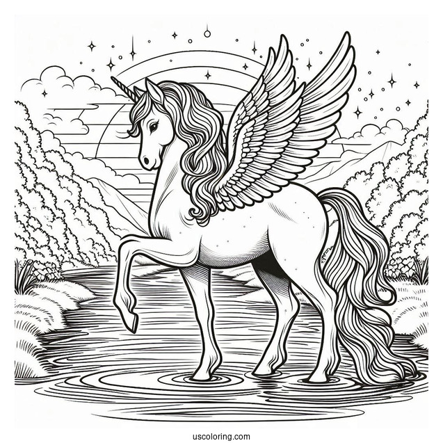 Beautiful Pegasus Coloring Page Standing By The River