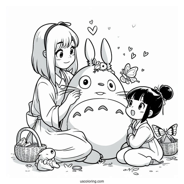 Studio Ghibli Coloring Page of Mei And Satsuki Playing With Totoro