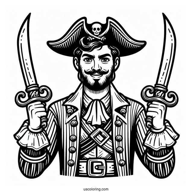 Pirate Coloring Page Holding Up Two Daggers For Kids