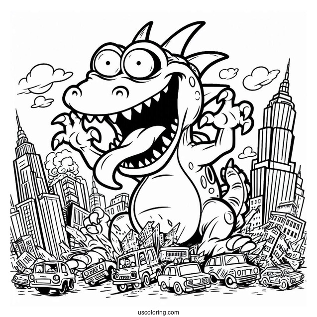 Rugrats Coloring Page Of Scary Reptar Destroying City