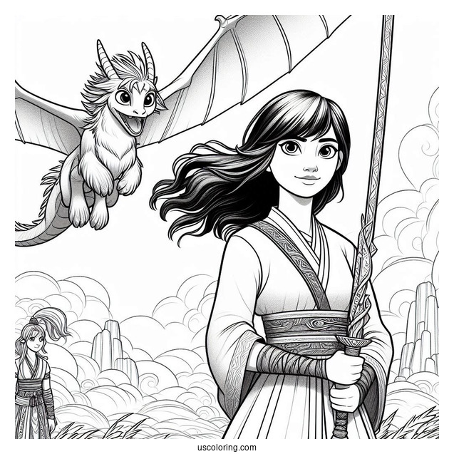 Raya And The Last Dragon Coloring Page Holding Her Sword With Sisu Flying In The Background