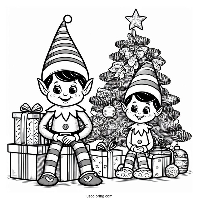 Elf On The Shelf With Christmas Tree To Color