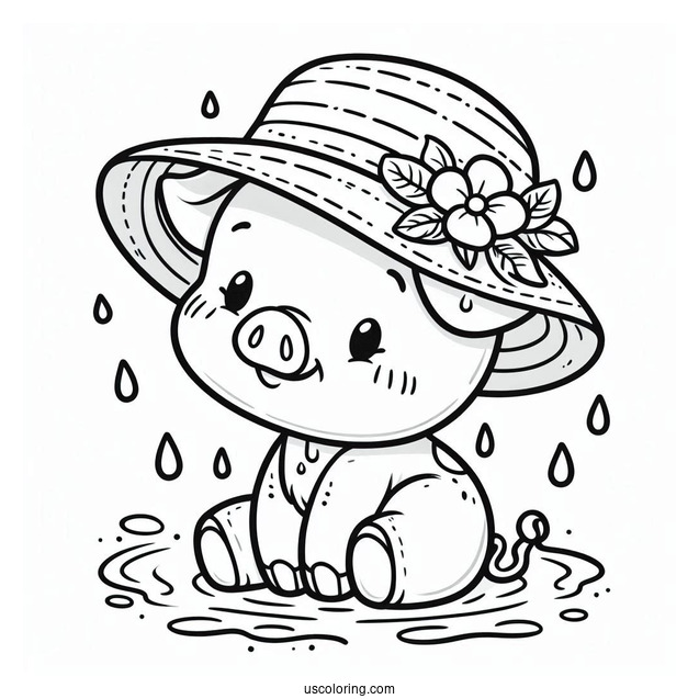 Piglet Coloring Page In A Hat Dripping Wet With Rain