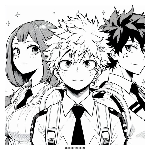 My Hero Academia Coloring Page Of Izuku, Katsuki, Shouto, And Ochako