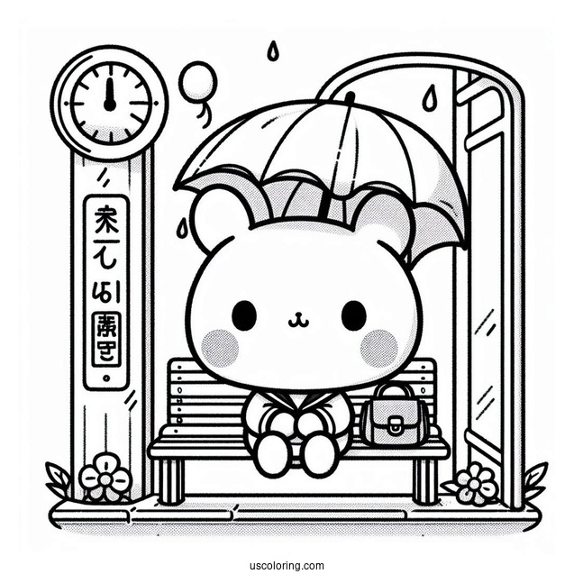 Pochacco Coloring Page Waiting At Bus Stop With Umbrella