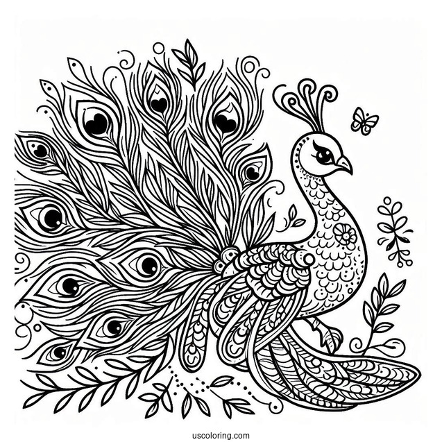 Peacock With Feathers Spread For Coloring