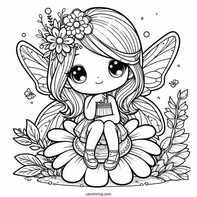 Chibi Coloring Page Fairy Sitting on a Flower For Kids