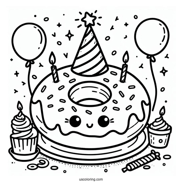 Donut Coloring Page Wearing A Birthday Hat In A Party