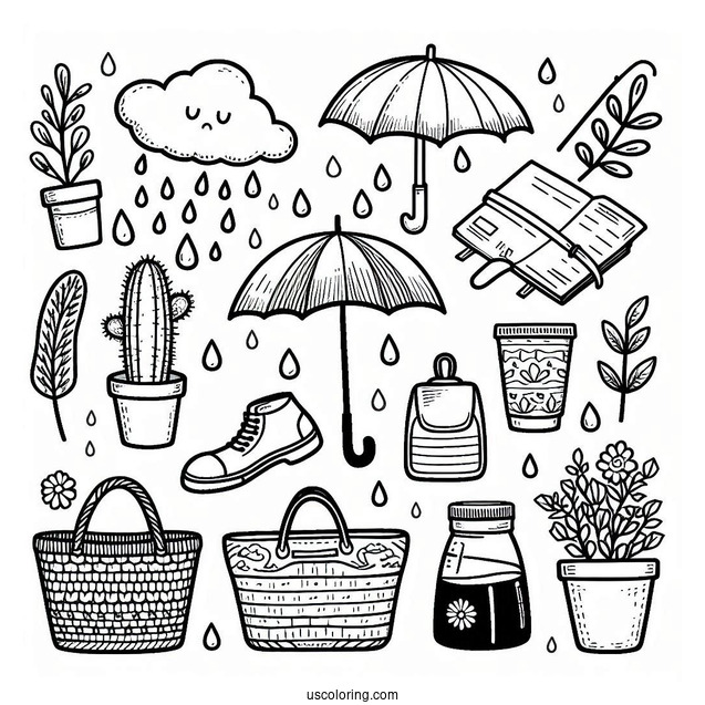 Rain Coloring Page Of Things To Bring On A Rainy Day