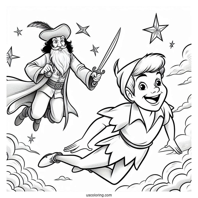 Peter Pan Flying Over Scared Captain Hook Coloring In