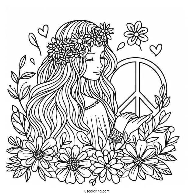Peace Coloring Page Word And Symbol With Woman And Flowers