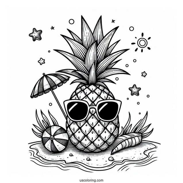 Pineapple Wearing Sunglasses On Beach Coloring Page