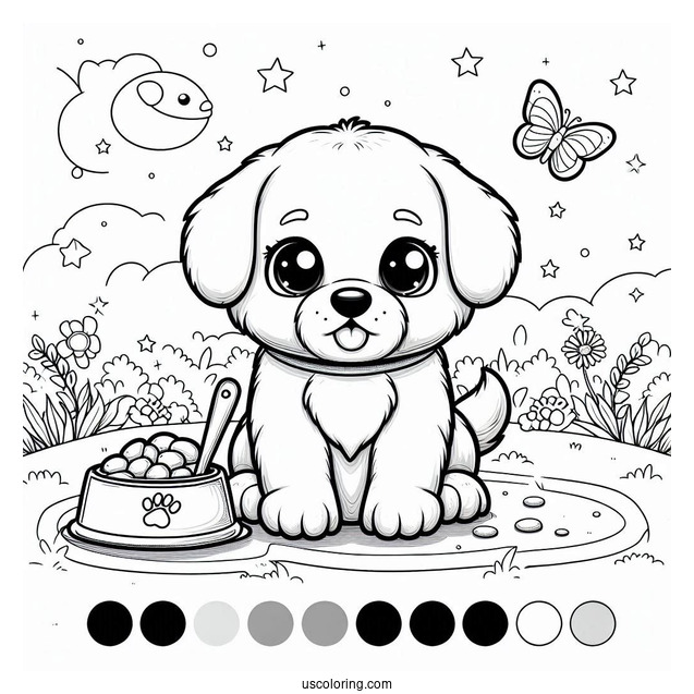 Cute Cartoon Puppy In Front Of Food Bowl