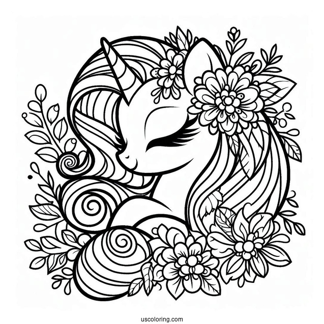 Rarity Coloring Page Covered In Flowers For Kids