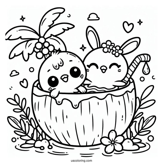 Kawaii Animals Swimming In A Coconut Coloring Page Drink
