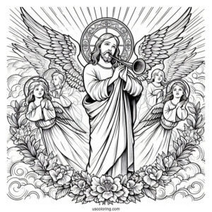 Holy Jesus With Angels Blowing Trumpets On Easter Coloring Page